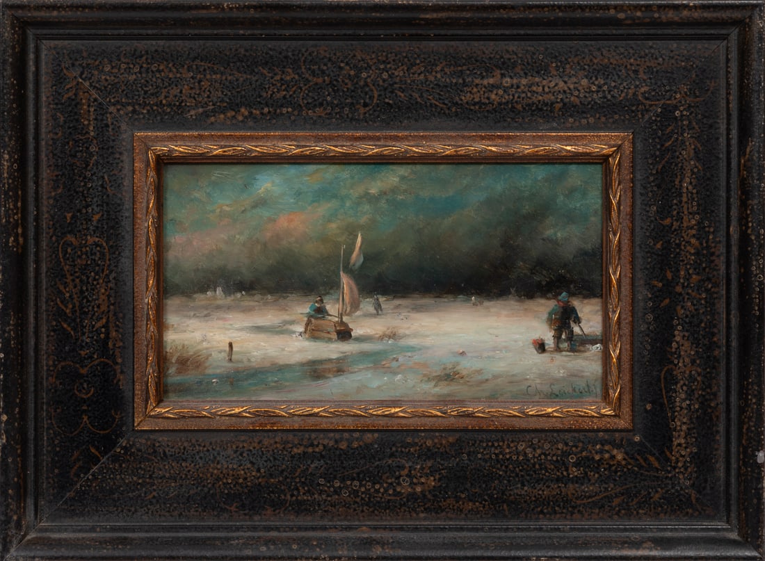 Charles Henri Joseph Leickert, Belgian 1816-1907, "Ice Sailing", oil on panel: Charles Henri Joseph LeickertBelgian, 1816-1907"Ice Sailing"oil on panelsigned and illegibly dated lower right, partial signature en verso, framed.5 x 9 1/4 in. (12.7 x 23.5 cm.), Frame: 11 1/8 x 15 1