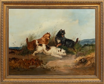 George Armfield, British 1808-1893, "Terriers Hunting a Hare", oil on canvas