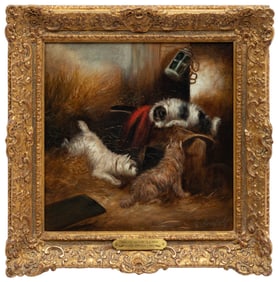 George Armfield, British 1808-1893, ?Terriers Ratting in a Barn?, ?Terriers Startled by a Hedgehog?
