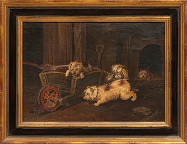 George Armfield, British 1808-1893, "Terriers Chasing a Mouse", oil on canvas