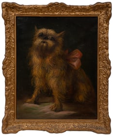 Albert De Sonville, Belgian 19th/20th c., "Brussels Griffon with Pink Bow", oil on canvas