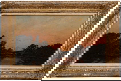 Hippolyte-Camille Delpy, French 1842-1910, "River Landscape, Sunset", oil on panel