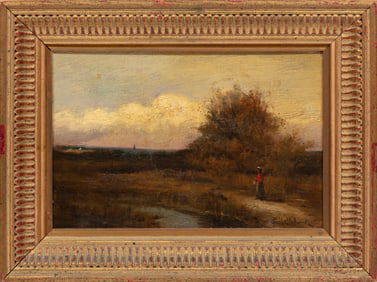 Paul Desire Trouillebert, French 1829-1900, "Barbizon Landscape with Woman in Red", oil on canvas