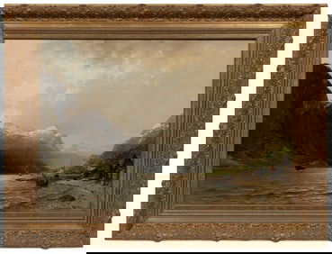 Georg Anton Rasmussen, Norwegian 1842-1914, ?Coastal Village in the Fjord?, oil on canvas