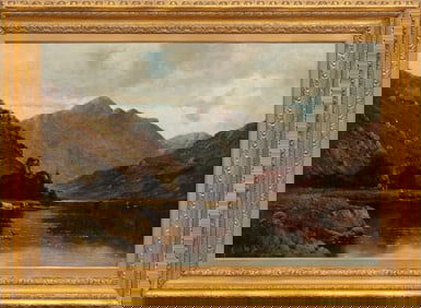 Alfred de Breanski, Sr., British 1852-1928, "Mountainous Landscape with Lake and Cattle", oil on