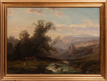 Continental School 19th c., "Sprawling Landscape with Abbey in the Distance", oil on canvas