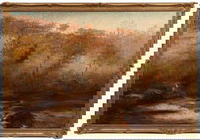 James Herbert Snell, British 1861-1935, "Woodland Landscape with Rushing Stream", oil on canvas