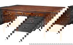 Georgian-Style Carved Mahogany Partners Desk: Georgian-Style Carved Mahogany Partners Desklate 19th/early 20th c., tooled leather top, center drawer flanked by bank of drawers, paneled sides, square tapered legs, casters31 1/4 x 71 1/4 x 47 1/2 i
