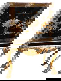 George II-Style Chinoiserie Brass Mounted, Parcel Gilt Cabinet-on-Stand