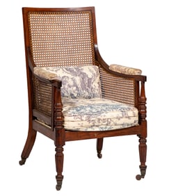 Regency Carved Mahogany and Cane Library Armchair