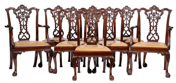 Set of Eight Chippendale-Style Carved Mahogany Dining Chairs