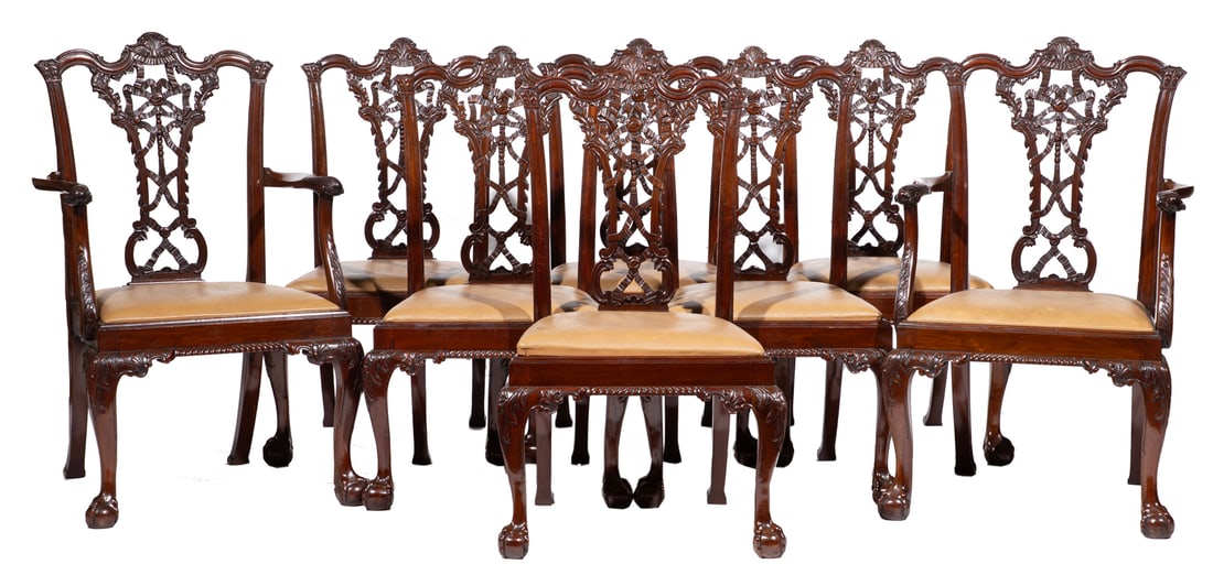 Set of Eight Chippendale-Style Carved Mahogany Dining Chairs (1 of 4)