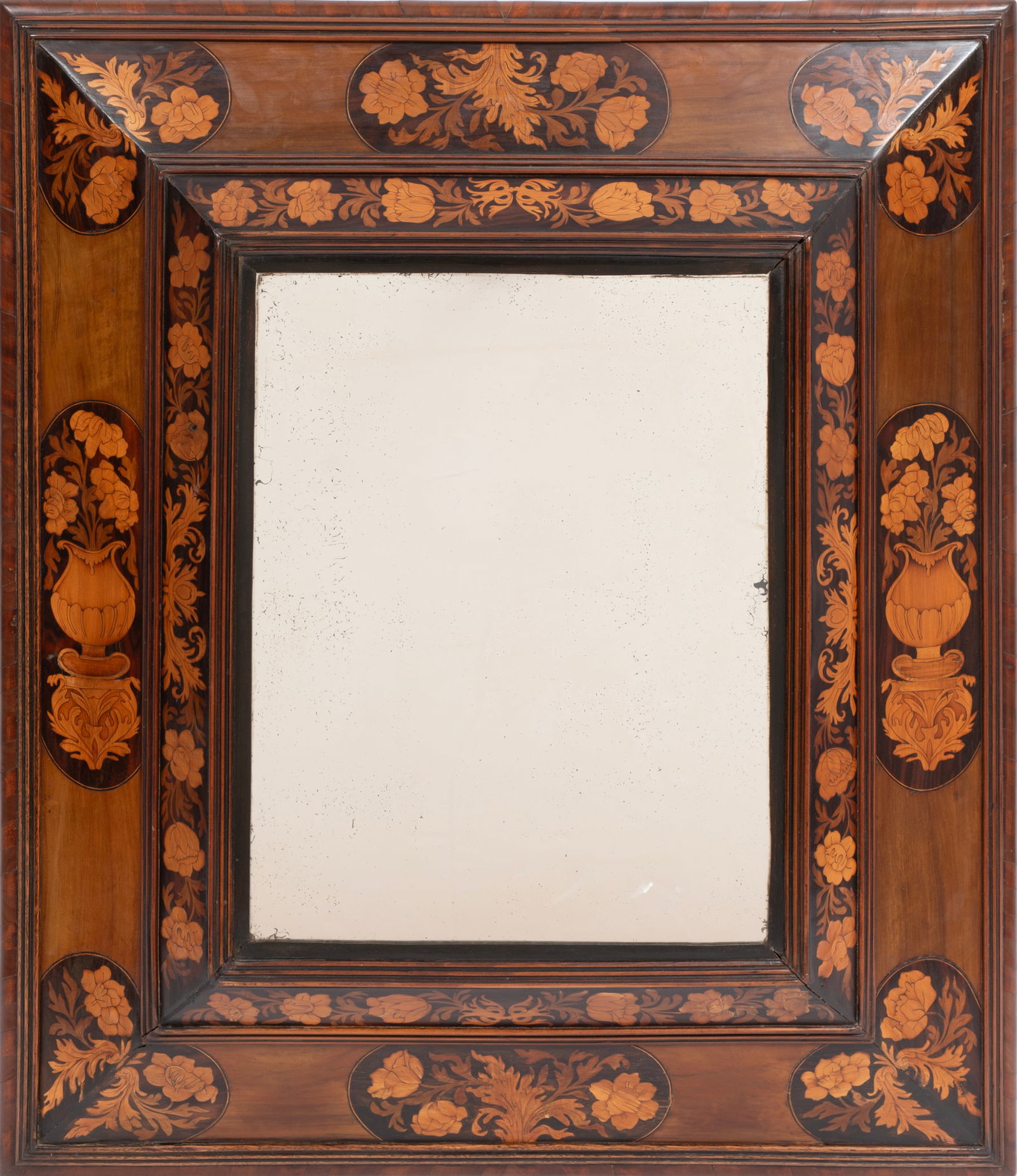 Queen Anne Marquetry Inlaid Cushion Mirror: Queen Anne Marquetry Inlaid Cushion Mirrorearly 18th c., floral inlay39 x 33 1/2 x 4 1/2 in. (99.1 x 85.1 x 11.4 cm.) Ida Manheim Antiques, 409 Royal St., New Orleans.