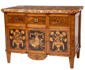 Louis XVI-Style Inlaid Marquetry Bronze Mounted Fruitwood Commode
