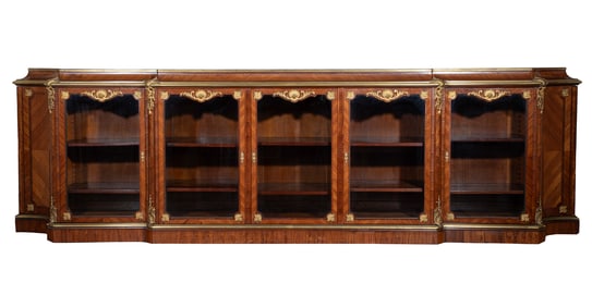 Monumental Louis XV-Style Bronze Mounted Amaranth and Kingwood Breakfront Bibliotheque/ Vitrine