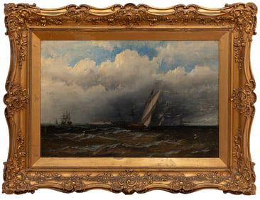 American School 19th c., "Harbor with Sailboats and Masted Ships", oil on canvas