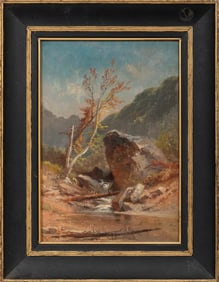 George Frederick Bensell, American 1837-1879, "Rocky Landscape with Stream", oil on canvas laid on