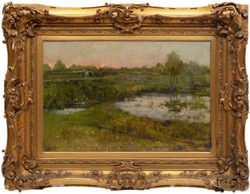 American School early 20th c., "Pastoral Landscape at Sunset", oil on canvas