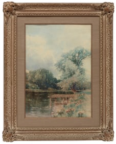Alfred Thompson Bricher, American 1837-1908, "Spring Landscape with Fishing Dock", watercolor and
