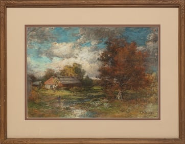 Charles Harold Davis, American/Massachusetts 1856-1933, "Sunny Fall Landscape with Cabin", pastel on