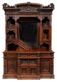 American Aesthetic Carved and Burl Walnut Library Cabinet/ Sideboard