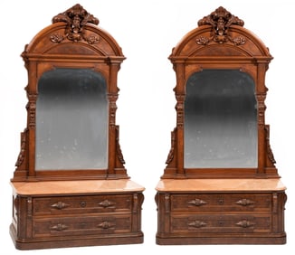 Pair of American Renaissance Revival Burl and Carved Walnut Dressers