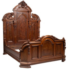 American Renaissance Revival Burl and Carved Walnut Bedstead