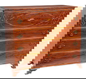 American Federal Inlaid Mahogany Butler's Desk: American Federal Inlaid Mahogany Butler's Desk19th c., probably New York, fall-front escritoire drawer with centered moth inlay, fitted interior, above three graduated drawers, bracket French feet,41