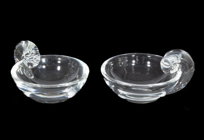 Pair of Steuben Glass Snail-Scroll "Olive" Dishes