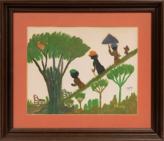 Clementine Hunter, American/Louisiana 1886-1988, ?Going Outside to Set and Talk?, oil on paper