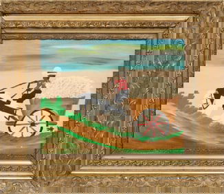 Clementine Hunter, American/Louisiana 1886-1988, "Cane River Harvesting", oil on canvas board