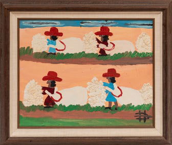 Clementine Hunter, American/Louisiana 1886-1988, "Picking Cotton", oil on canvas board