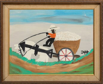 Clementine Hunter, American/Louisiana 1886-1988, "Cotton Wagon", oil on canvas board