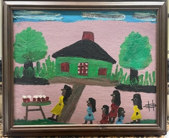 Clementine Hunter, American/Louisiana 1886-1988, ?Birthday Party?, oil on canvas board