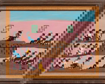 Clementine Hunter, American/Louisiana 1886-1988, ?Courtroom?, oil on board