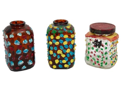Clementine Hunter, American/Louisiana 1886-1988, ?Three Painted Jars?, 3 oils on found glass jars