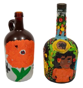 Clementine Hunter, American/Louisiana 1886-1988, ?Two Painted Bottles?, 2 oils on found glass