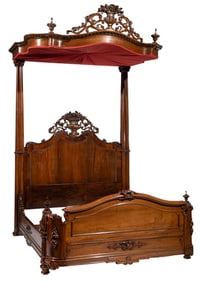 Historic Taylor Family American Rococo Faux Grained and Carved Rosewood Three Quarter Tester Bed