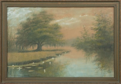 Alexander John Drysdale, American/Louisiana 1870-1934, ?Louisiana Bayou with Waterlilies?, oil wash