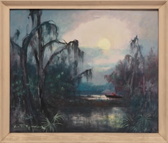 Colette Pope Heldner, American/Louisiana 1902-1990, "Swamp Idyl, Louisiana Bayou Country", oil on
