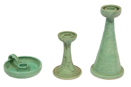 Three Shearwater Art Pottery Candlesticks