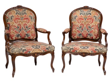 Pair of Louis XV-Style Carved Oak Fauteuils
