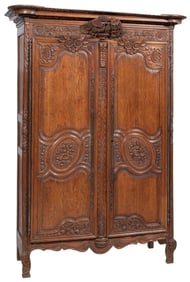 French Provincial Carved Oak Marriage Armoire