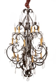 French Patinated Metal and Tole Eighteen-Light Chandelier