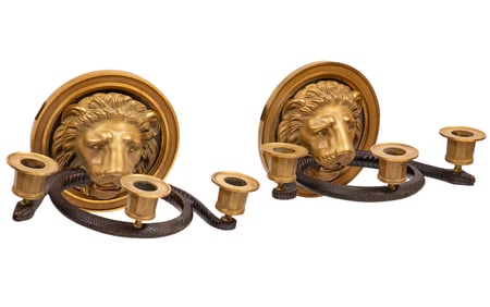 Pair of Regency Gilt and Patinated Bronze Figural Three-Light Sconces