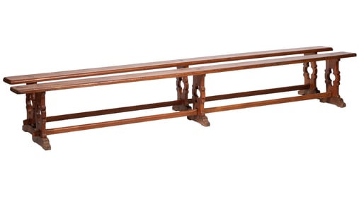 Pair of Antique Continental Carved Pine Plank Benches