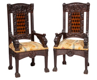 Pair of Continental Parquetry Carved Oak Throne Chairs