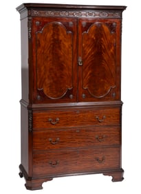 English Chippendale-Style Carved Mahogany Linen Press