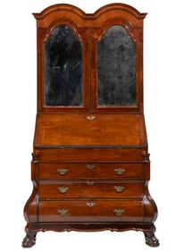 Georgian-Style Burl and Carved Walnut Double Dome Secretary Bookcase