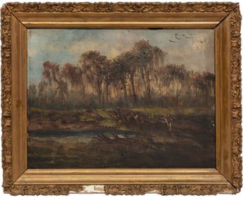 Louisiana School early 20th c., ?Swamp Scene with Hunters?, oil on board